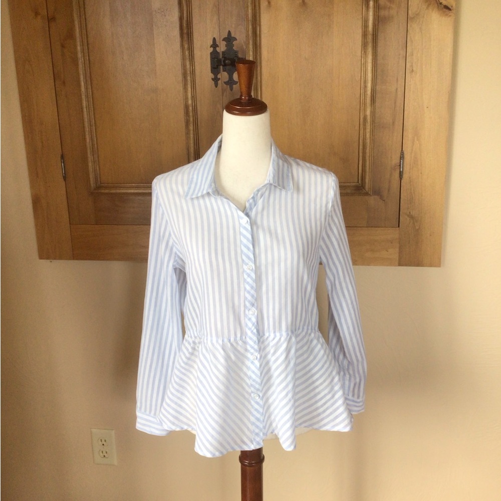 Love Notes White and Blue Peplum Button Down Shirt